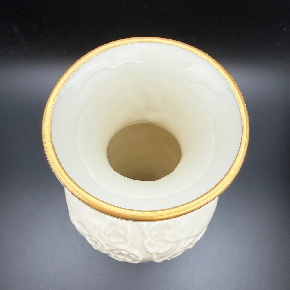 Lenox Ming Blossom Vase Cream Porcelain 24K Gold Trim Raised Floral 6 Inch